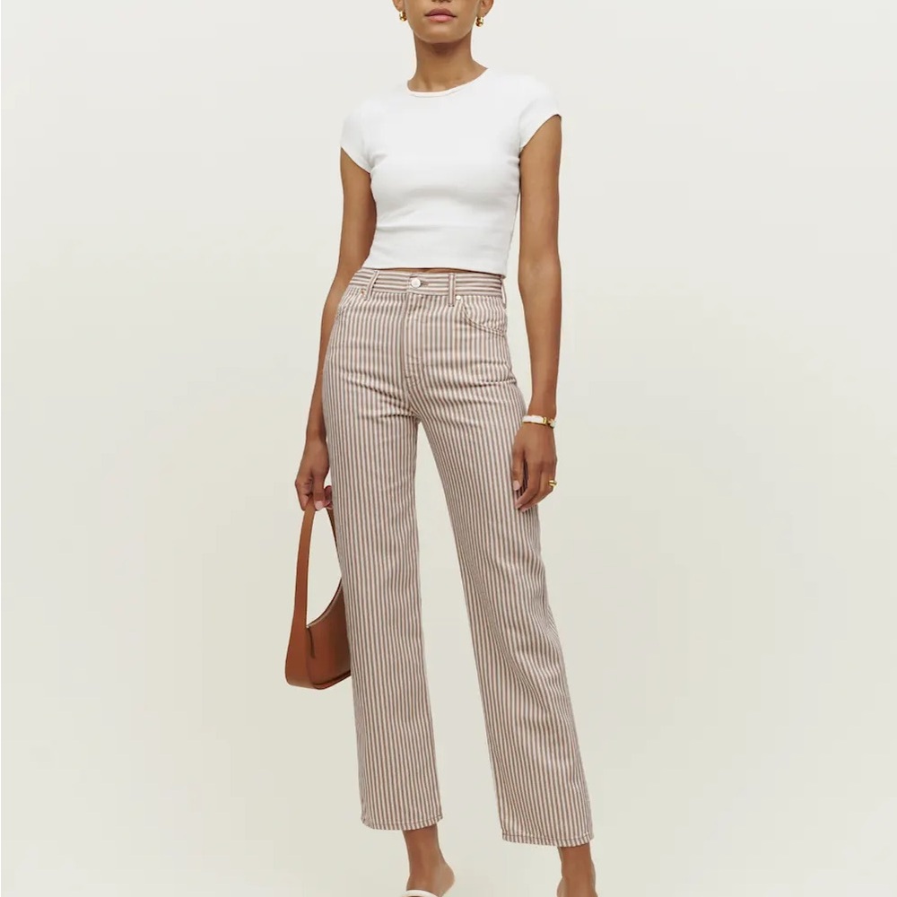Reformation Striped Cream and Brown Straight Leg Jeans